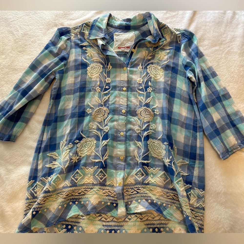 Johnny Was blue/white plaid shirt with white embroidery. size S